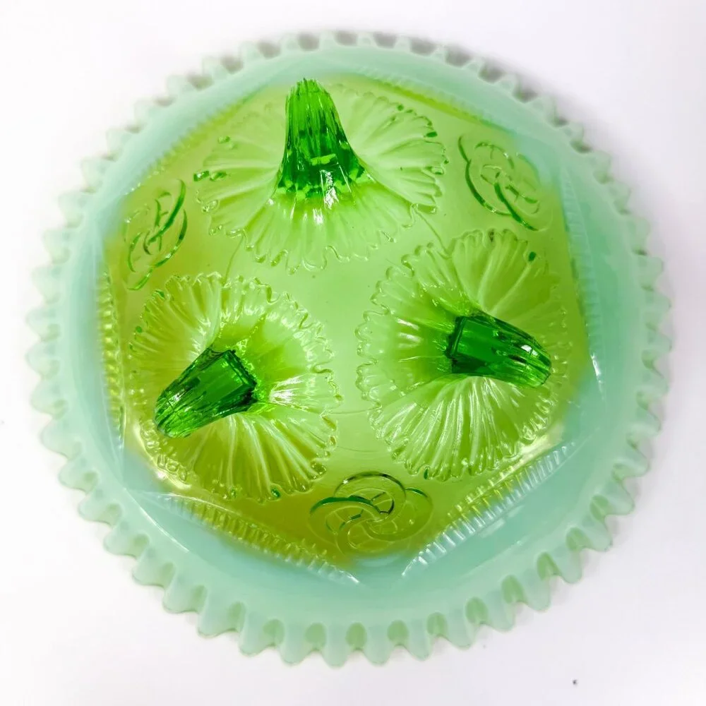 Jefferson Glass Green Opalescent Ruffles and Rings 3 Footed Bowl # 208